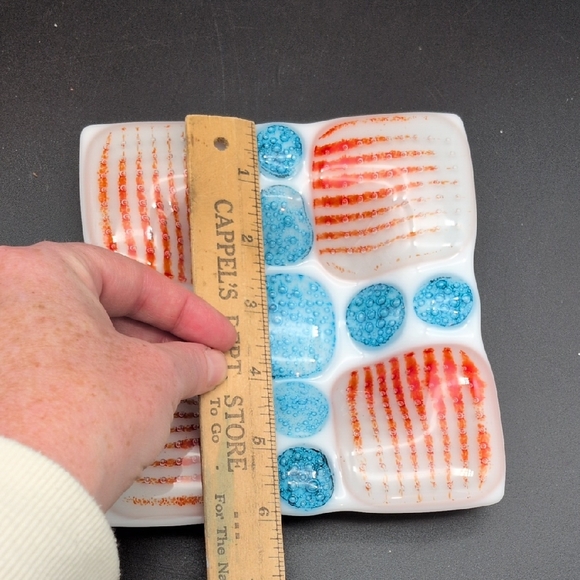 Colorful Blue Orange And White Fused Glass Trinket Dish - Picture 7 of 7